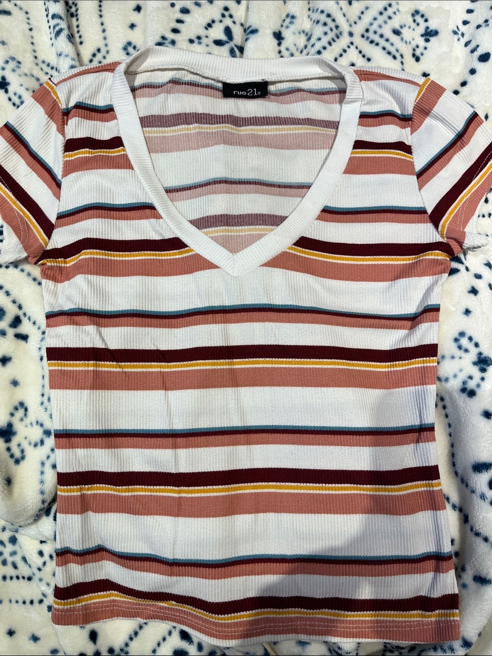 White Striped V-Neck Tee with Colorful Stripes